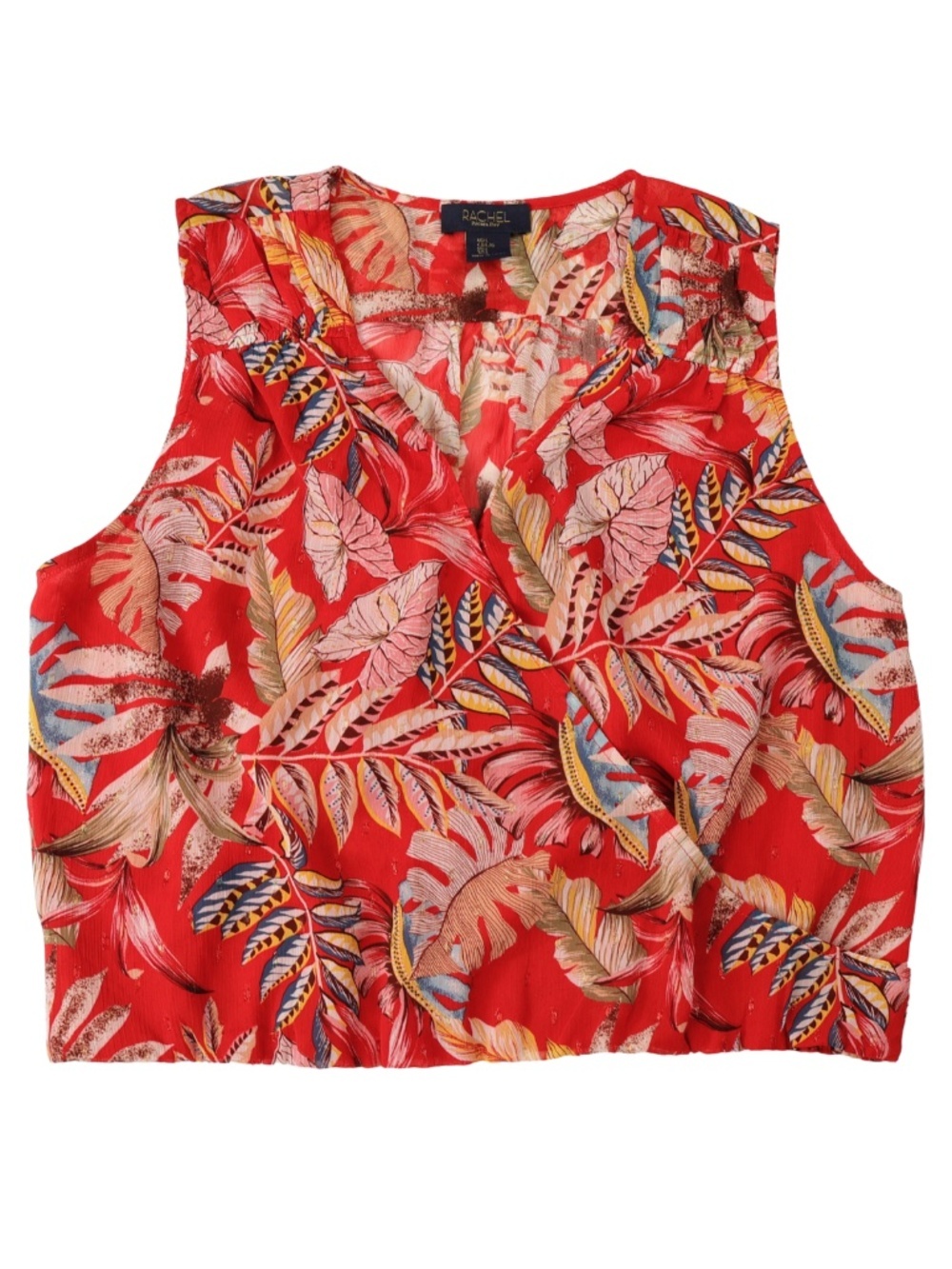 Rachel Roy Tropical Leaf Surplice Smocked Blouse Red Large